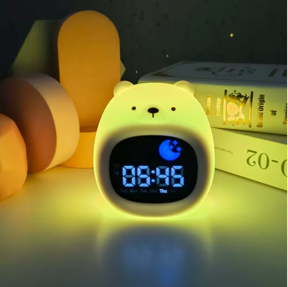 Silikone bamse natlampe med ur